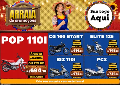 Modelo de Encarte para Encarte A4 Horizontal com o tema Arraiá de Promoções para Concessionaria de Motos
