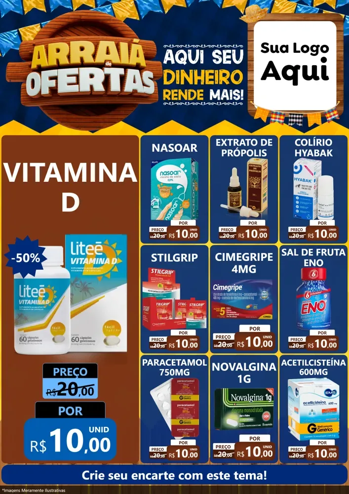 Modelo de Encarte para Encarte A4 Vertical com o tema Arraiá de Ofertas - Junina para Farmácia