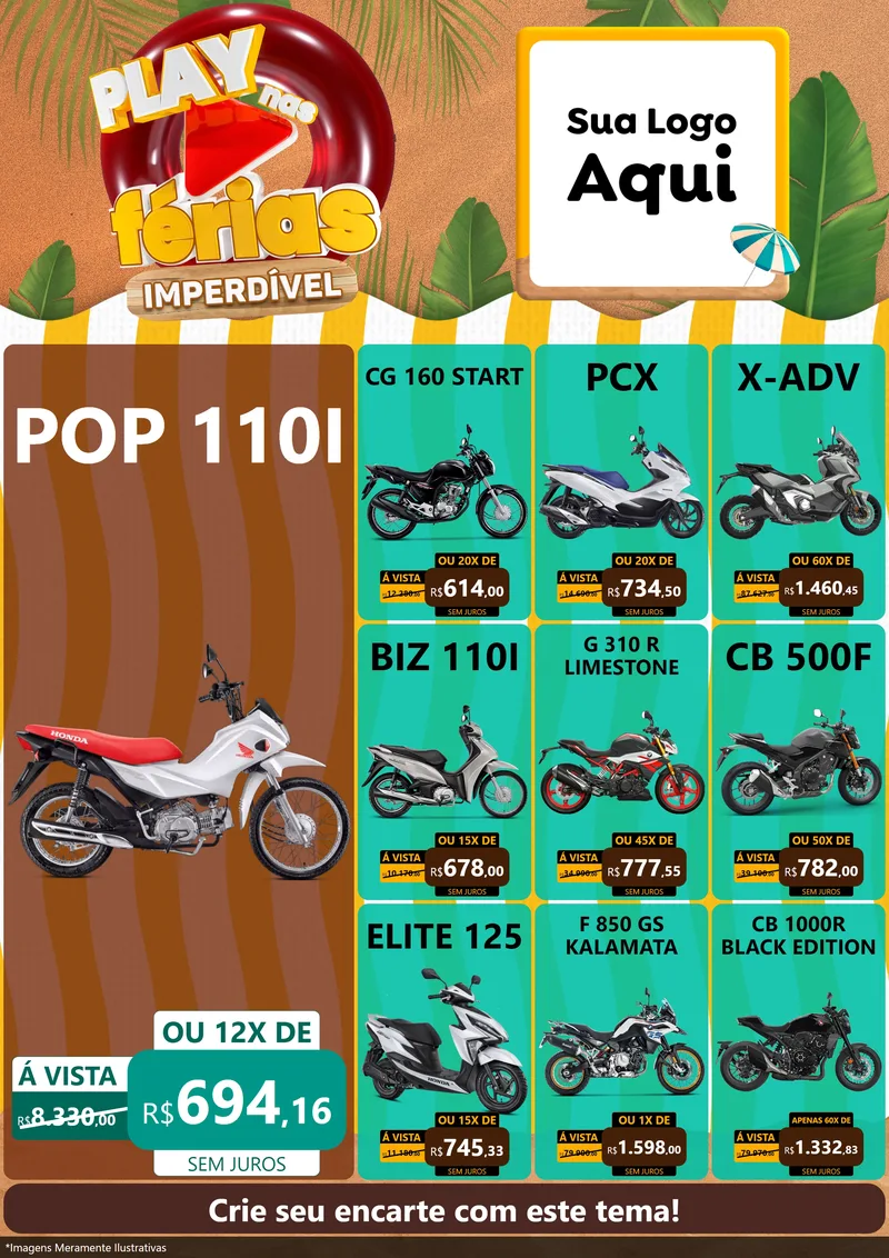 Modelo de Encarte para Encarte A4 Vertical com o tema Play Nas Férias Imperdível para Concessionaria de Motos