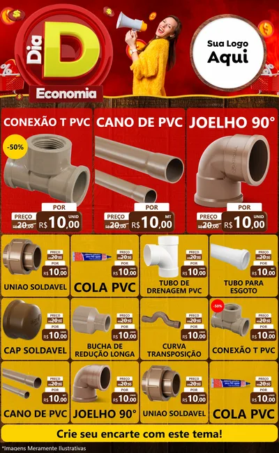 Modelo de Encarte para Encarte Grande com o tema Dia D Economia para Tubos e conexões
