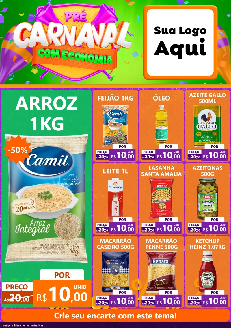 Modelo de Encarte para Encarte A4 Vertical com o tema Pré-Carnaval Com Economia para Supermercado