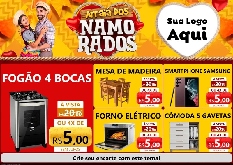 Modelo de Encarte para Encarte A4 Horizontal com o tema Arraiá dos Namorados para Móveis e Eletro