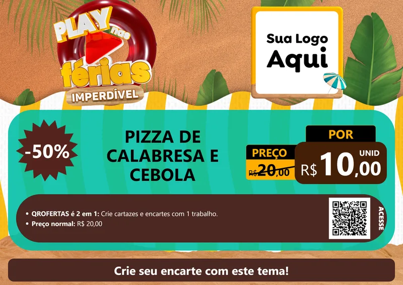 Modelo de Cartaz para Cartaz A4 Horizontal com o tema Play Nas Férias Imperdível para Pizzaria