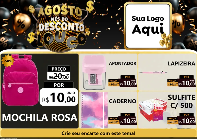Modelo de Encarte para Encarte A4 Horizontal com o tema Agosto Mês do Desconto Louco para Papelaria