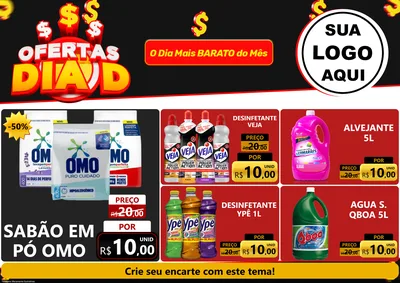 Modelo de Encarte para Encarte A4 Horizontal com o tema Ofertas Dia D para Produtos de Limpeza