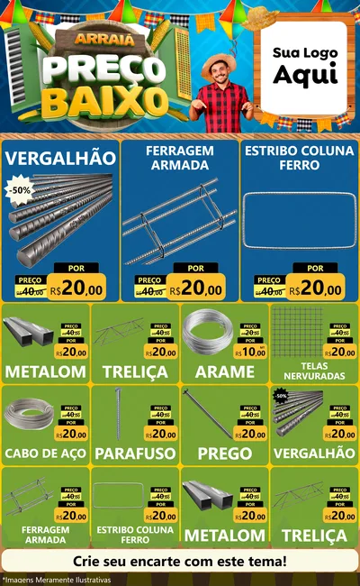 Modelo de Encarte para Encarte Grande com o tema Arraiá de Preço Baixo - Junina para Ferragens