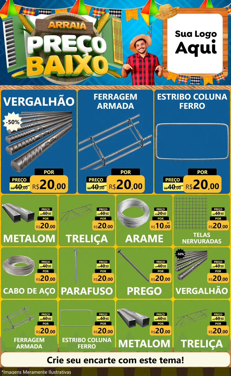 Modelo de Encarte para Encarte Grande com o tema Arraiá de Preço Baixo - Junina para Ferragens