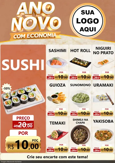 Modelo de Encarte para Encarte A4 Vertical com o tema Ano Novo Com Economia para Comida japonesa