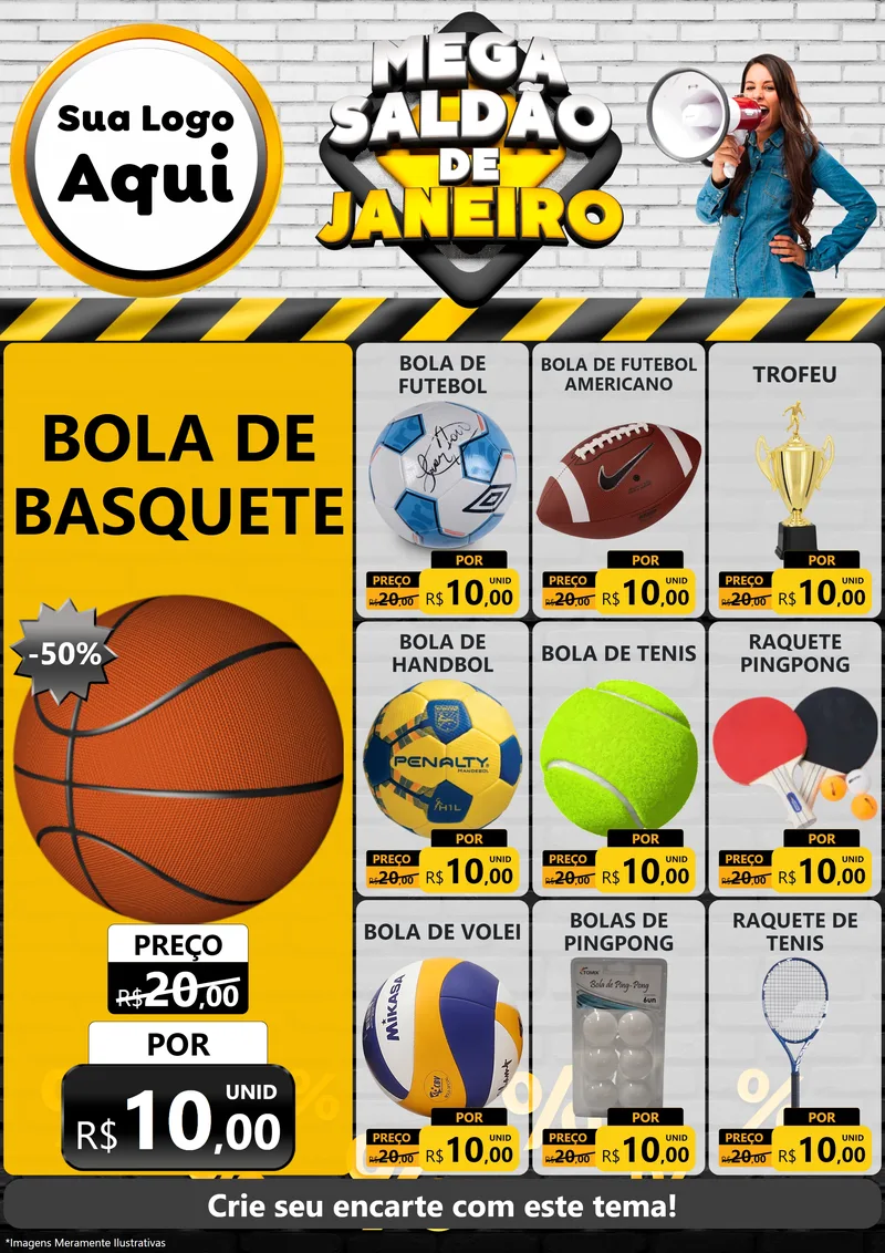 Modelo de Encarte para Encarte A4 Vertical com o tema Mega Saldão de Janeiro para Artigos Esportivos