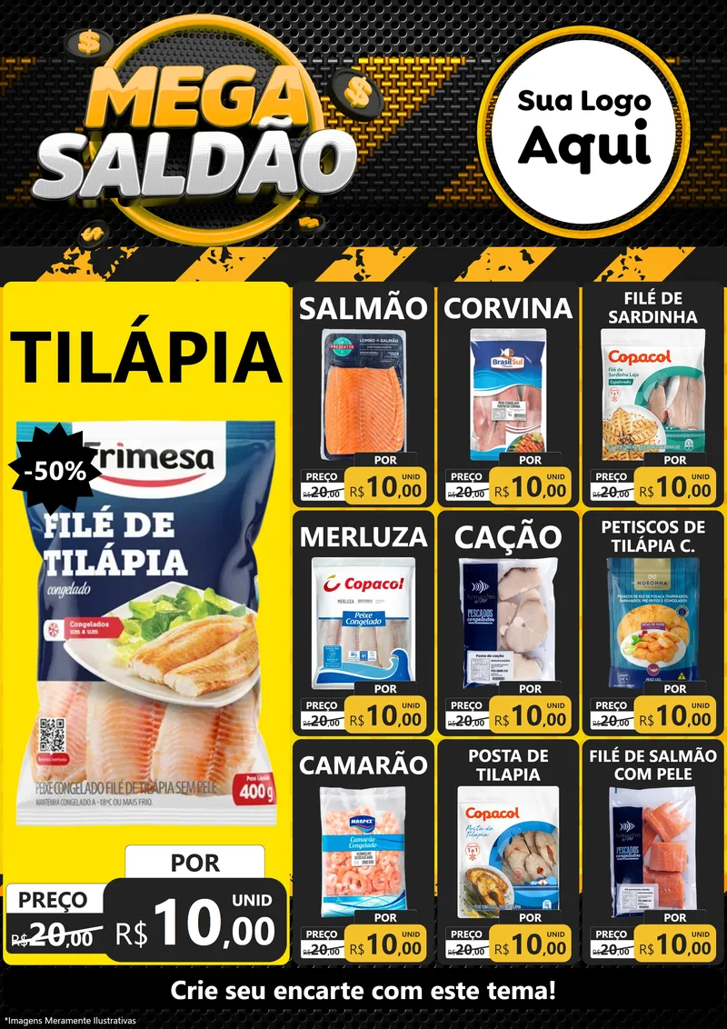Modelo de Encarte para Encarte A4 Vertical com o tema Mega Saldão para Peixaria