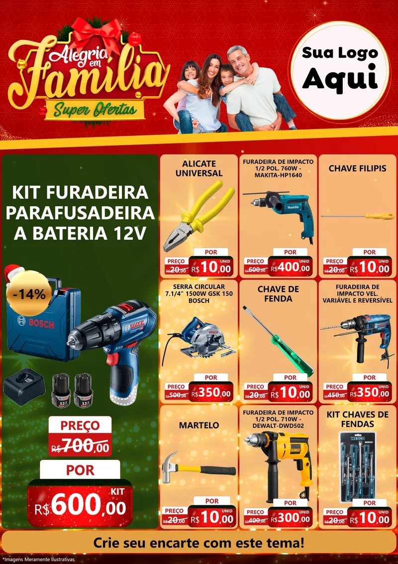 Modelo de Encarte para Encarte A4 Vertical com o tema Alegria em Família Super Ofertas - Natal para Maquinas e Ferramentas