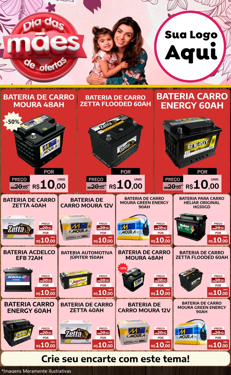 Modelo de Encarte para Encarte Grande com o tema Dia Das Mães De Ofertas para Baterias Elétricas