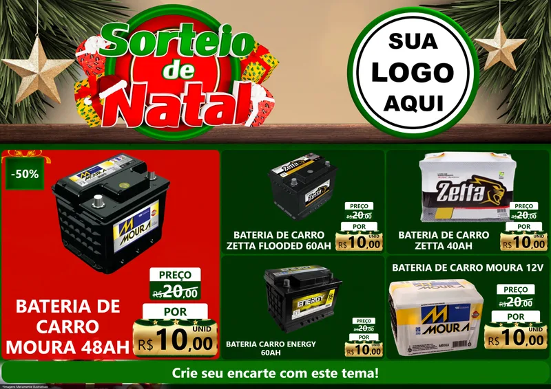 Modelo de Encarte para Encarte A4 Horizontal com o tema Sorteio de Natal para Baterias Elétricas