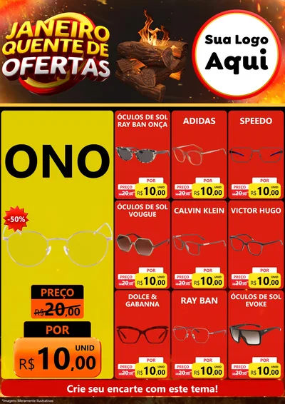 Modelo de Encarte para Encarte A4 Vertical com o tema Janeiro Quente de Ofertas para Óticas