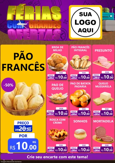 Modelo de Encarte para Encarte A4 Vertical com o tema Férias com Grandes Ofertas para Padaria