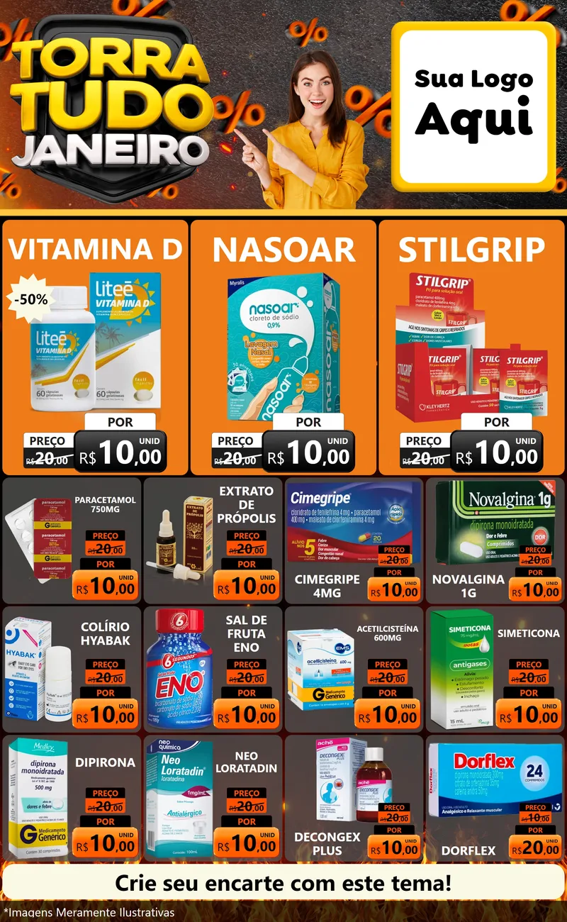 Modelo de Encarte para Encarte Grande com o tema Torra Tudo Janeiro para Farmácia