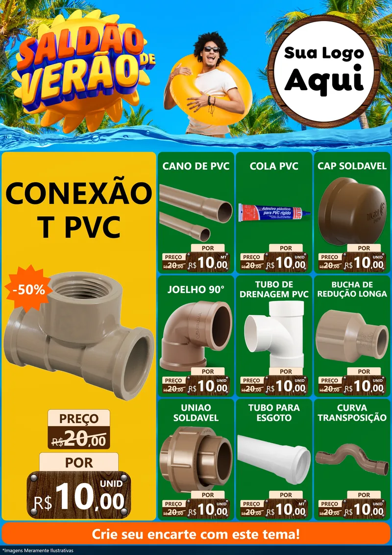 Modelo de Encarte para Encarte A4 Vertical com o tema Saldão de Verão para Tubos e conexões