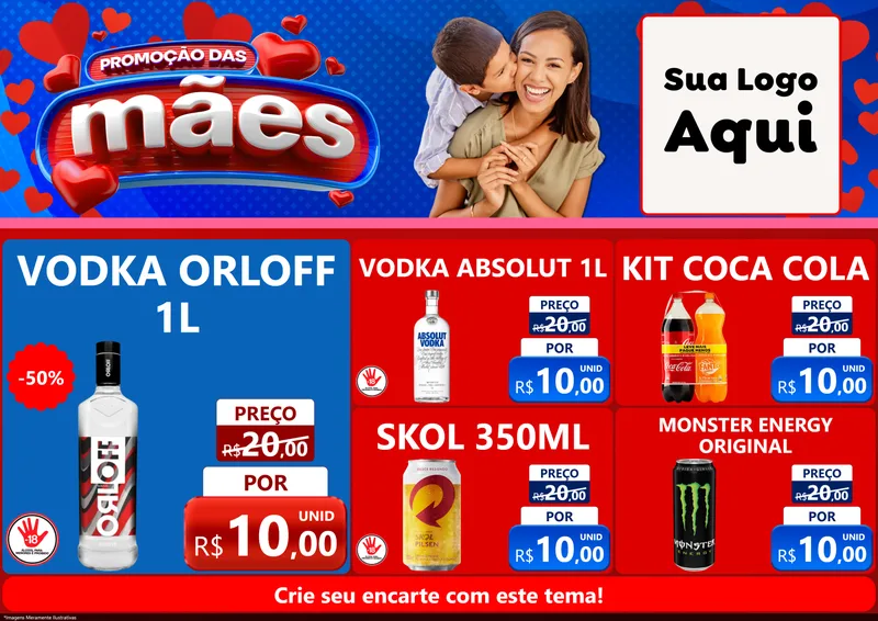 Modelo de Encarte para Encarte A4 Horizontal com o tema Promoção das Mães para Distribuidora de bebidas