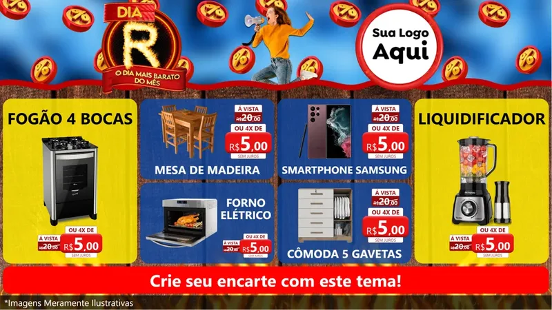 Modelo de TV para TV Horizontal com o tema Dia R - O Dia Mais Barato Do Mês para Móveis e Eletro