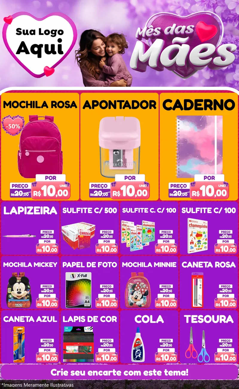 Modelo de Encarte para Encarte Grande com o tema Mês das Mães para Papelaria
