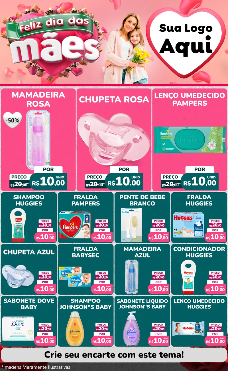 Modelo de Encarte para Encarte Grande com o tema Feliz Dia das Mães para Bebês