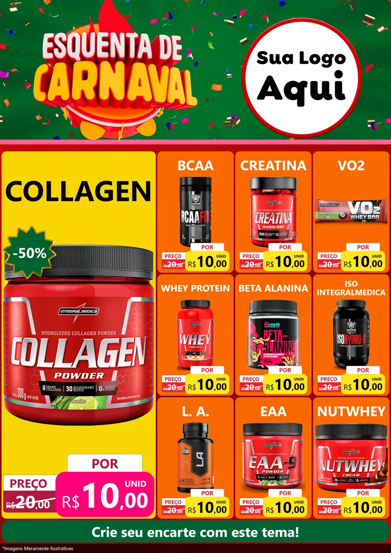 Modelo de Encarte para Encarte A4 Vertical com o tema Esquenta de Carnaval para Suplementos alimentares