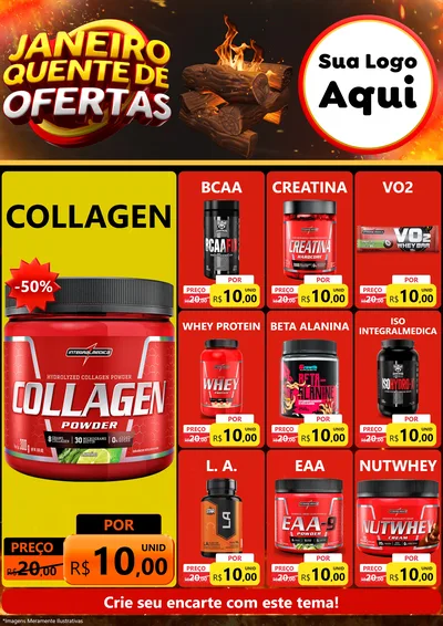 Modelo de Encarte para Encarte A4 Vertical com o tema Janeiro Quente de Ofertas para Suplementos alimentares