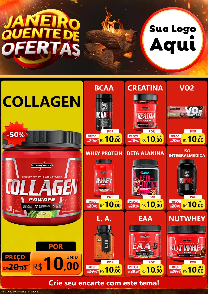 Modelo de Encarte para Encarte A4 Vertical com o tema Janeiro Quente de Ofertas para Suplementos alimentares