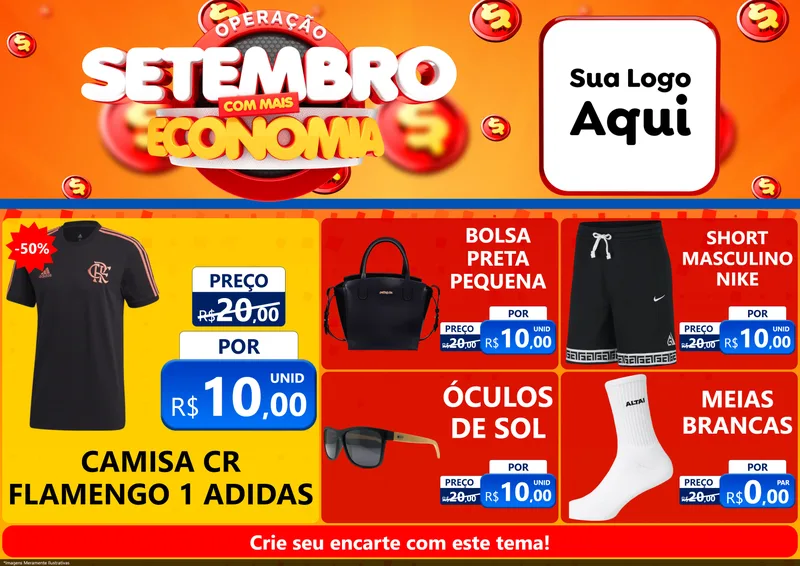 Modelo de Encarte para Encarte A4 Horizontal com o tema Operação Setembro Com Muita Economia para Roupas e acessórios