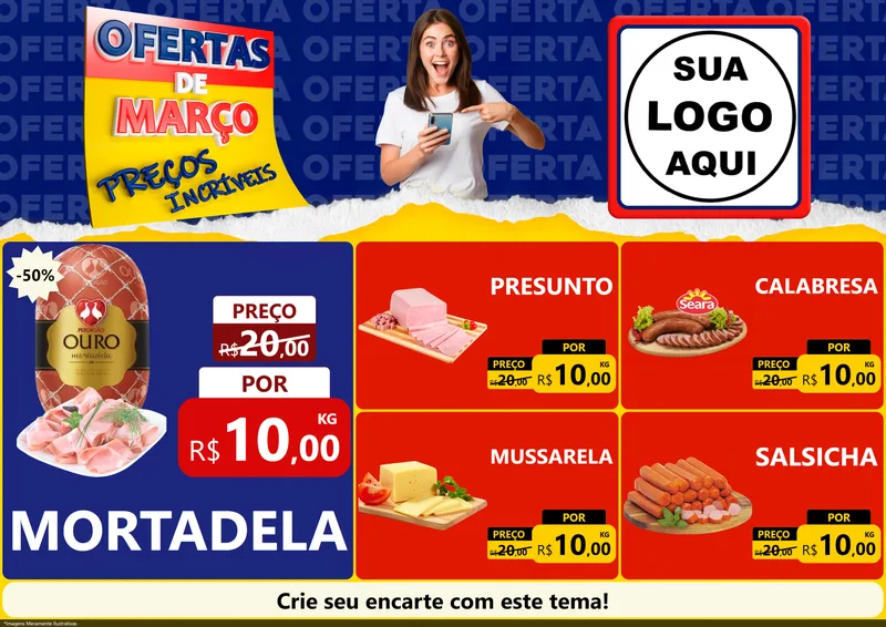 Modelo de Encarte para Encarte A4 Horizontal com o tema Ofertas de Março - Preços Incríveis para Frios e Laticínios