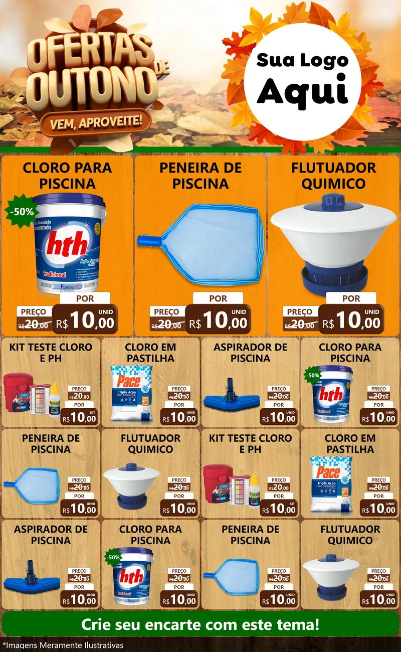 Modelo de Encarte para Encarte Grande com o tema Ofertas de Outono - Vem, Aproveite! para Produtos para Piscina