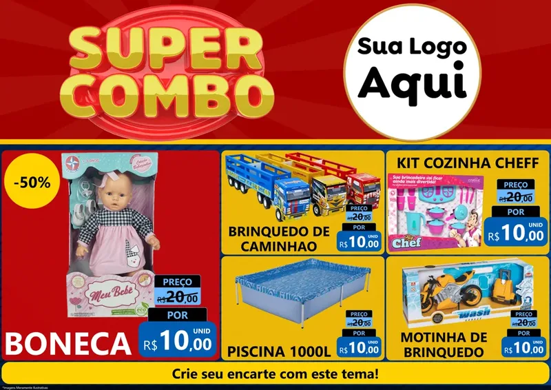 Modelo de Encarte para Encarte A4 Horizontal com o tema Super Combo para Brinquedos
