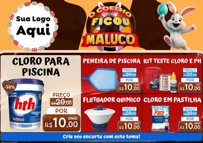 Modelo de Encarte para Encarte A4 Horizontal com o tema O Coelho Ficou Maluco - Páscoa para Produtos para Piscina