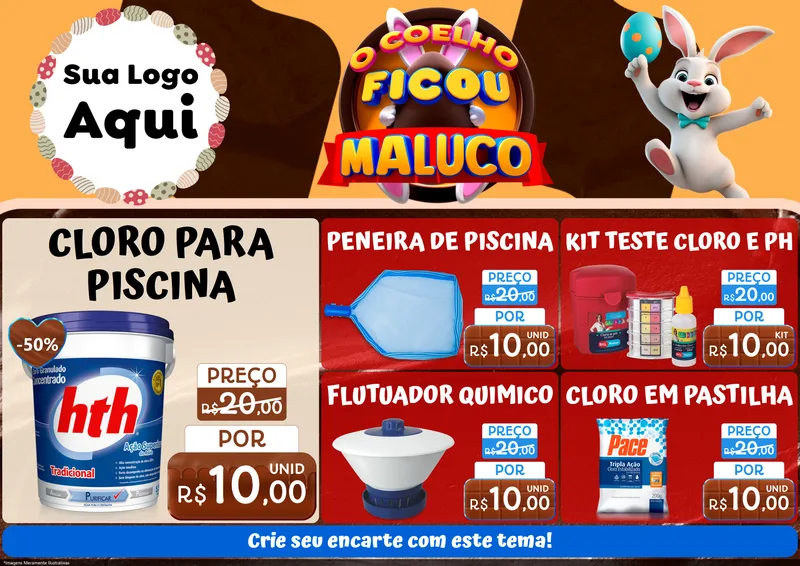 Modelo de Encarte para Encarte A4 Horizontal com o tema O Coelho Ficou Maluco - Páscoa para Produtos para Piscina