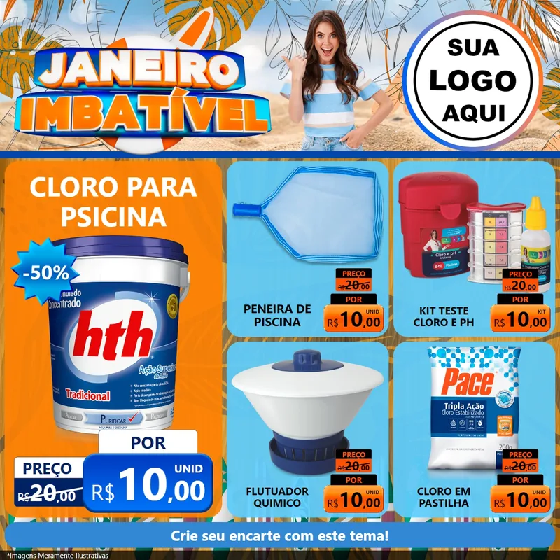 Modelo de Rede Social para Feed Facebook com o tema Janeiro Imbatível para Produtos para Piscina