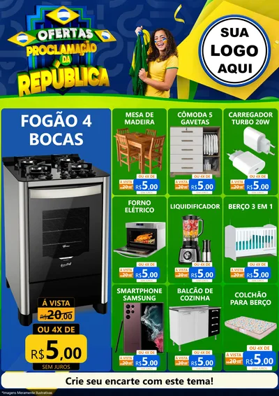 Modelo de Encarte para Encarte A4 Vertical com o tema Ofertas Proclamação da República para Móveis e Eletro