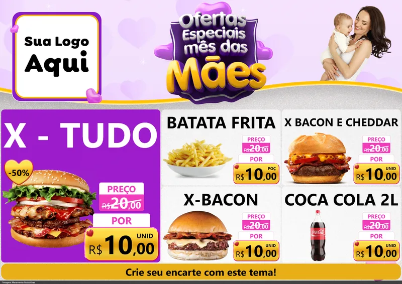 Modelo de Encarte para Encarte A4 Horizontal com o tema Ofertas Especiais - Mês das Mães para Hamburgueria