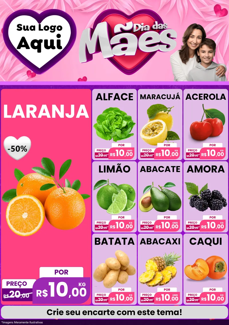 Modelo de Encarte para Encarte A4 Vertical com o tema Dia das Mães para Hortifrúti