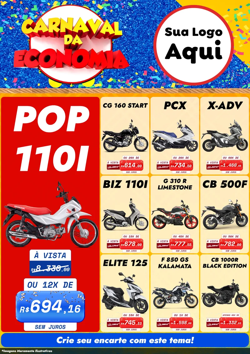 Modelo de Encarte para Encarte A4 Vertical com o tema Carnaval da Economia para Concessionaria de Motos