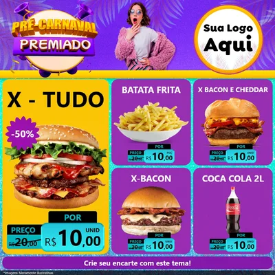 Modelo de Rede Social para Feed Facebook com o tema Pré-Carnaval Premiado para Hamburgueria