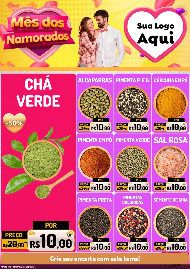 Modelo de Encarte para Encarte A4 Vertical com o tema Mês dos Namorados para Produtos Naturais