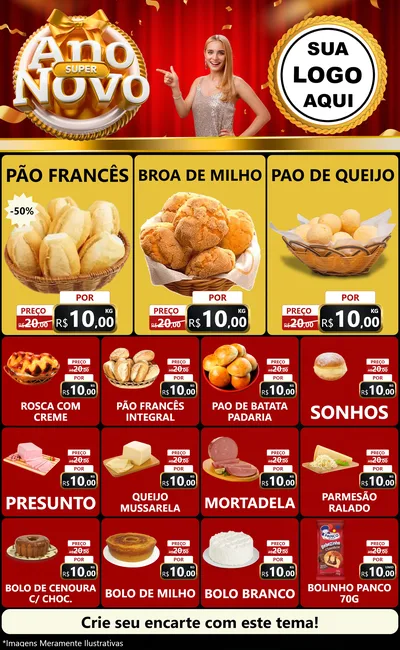 Modelo de Encarte para Encarte Grande com o tema Super Ano Novo para Padaria