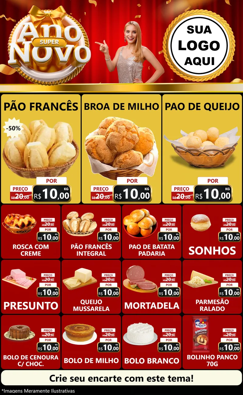 Modelo de Encarte para Encarte Grande com o tema Super Ano Novo para Padaria