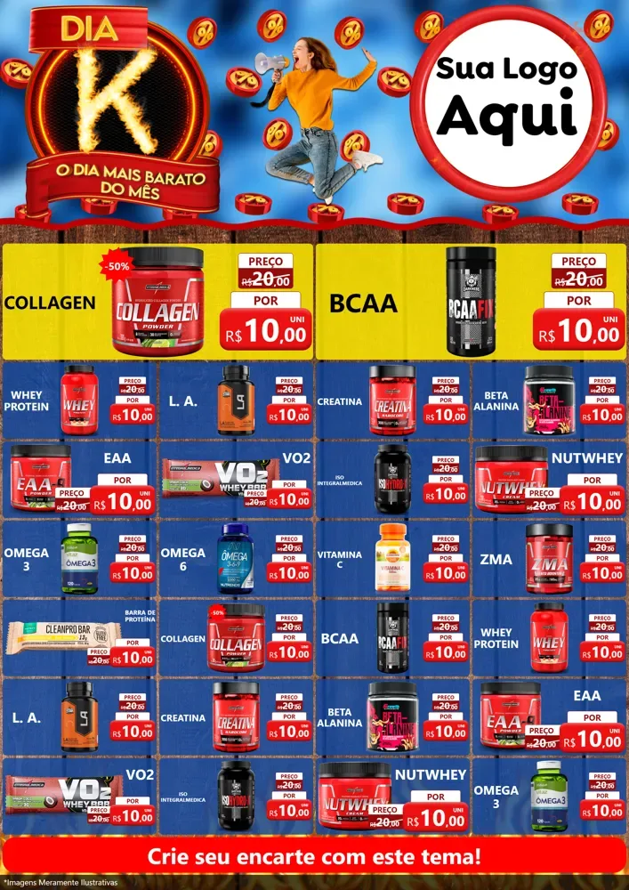 Modelo de Encarte para Encarte A4 Vertical com o tema Dia K - O Dia Mais Barato Do Mês para Suplementos alimentares