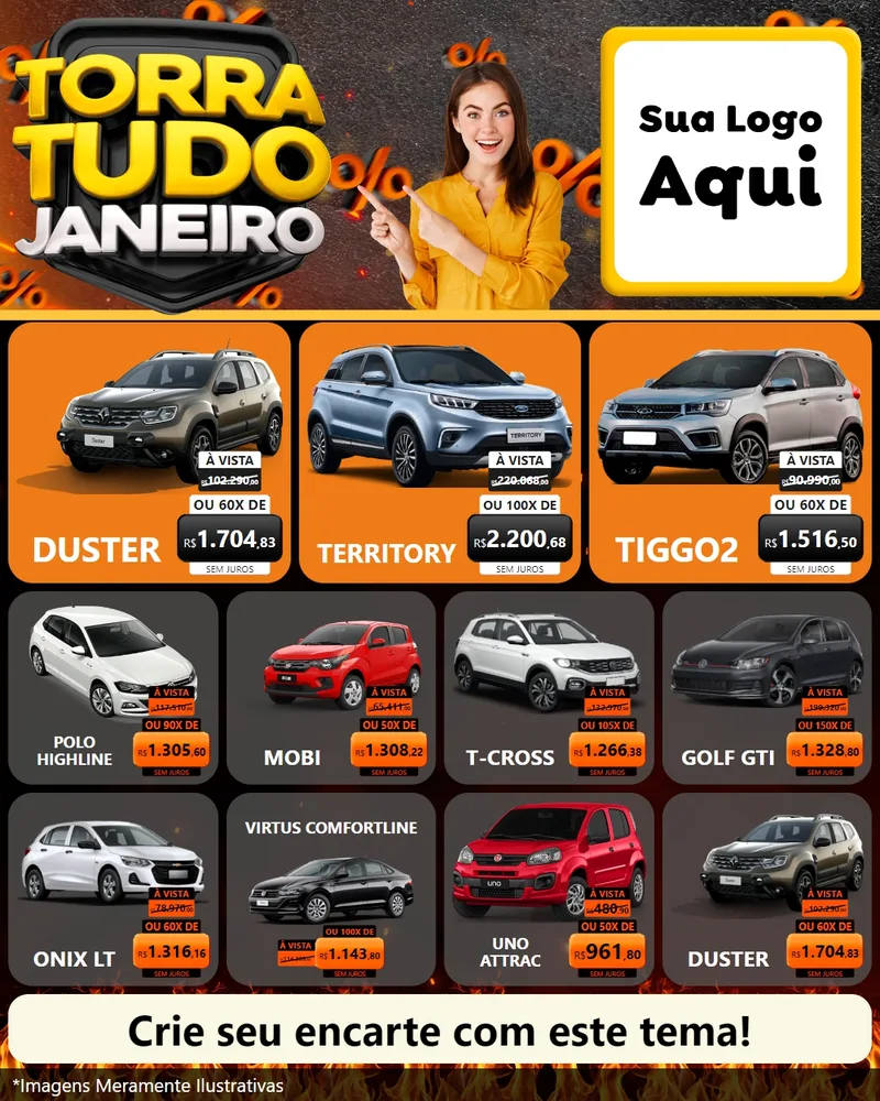 Modelo de Rede Social para Feed Instagram com o tema Torra Tudo Janeiro para Concessionaria de Carros