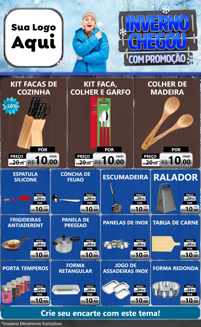 Modelo de Encarte para Encarte Grande com o tema Inverno Chegou Com Promoção para Utilidades Domésticas