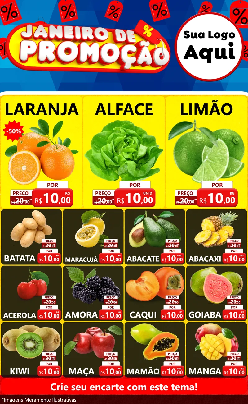 Modelo de Encarte para Encarte Grande com o tema Janeiro de Promoção para Hortifrúti