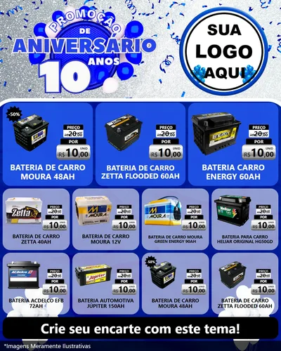 Modelo de Rede Social para Feed Instagram com o tema Promoção de Aniversário - 10 Anos para Baterias Elétricas
