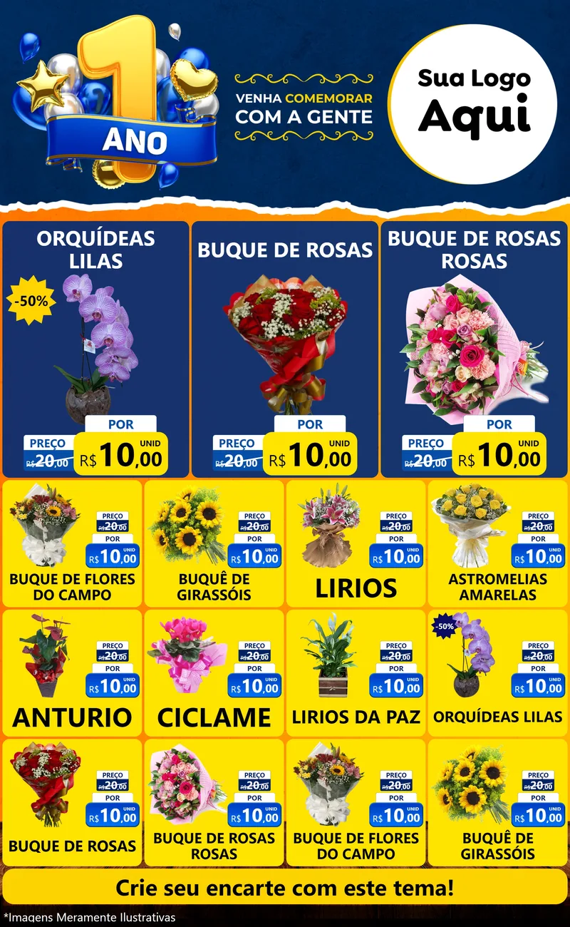Modelo de Encarte para Encarte Grande com o tema Um Ano de Aniversário para Floricultura e jardim