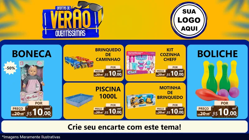 Modelo de TV para TV Horizontal com o tema Ofertas de Verão Quentíssimas para Brinquedos